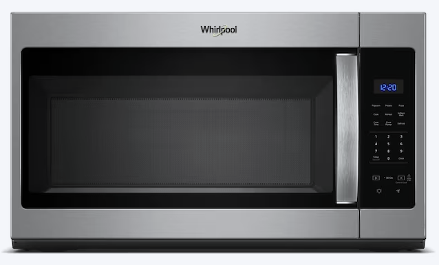 Silver Whirlpool over-the-range microwave with black interior, door, and control panel.