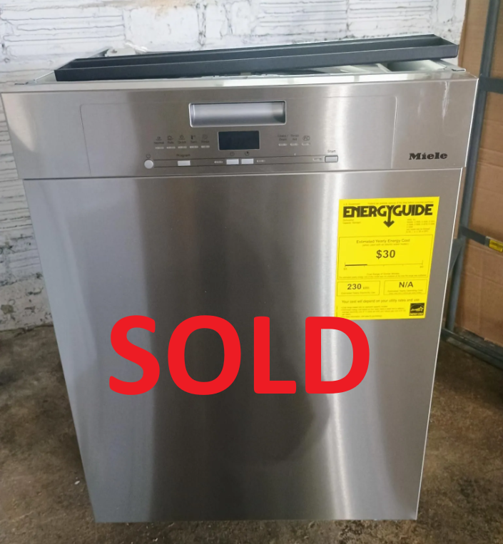 A stainless steel dishwasher with a yellow energy label on it.