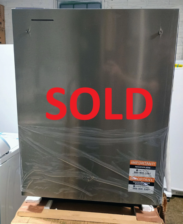 Stainless steel dishwasher on a cardboard box, wrapped in plastic.