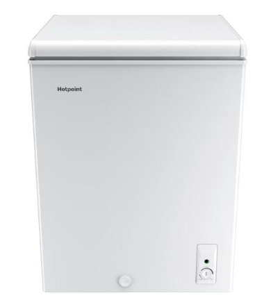 White Hotpoint chest freezer with lid closed, dial and drain plug visible.