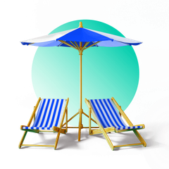 Dos sillas de playa con rayas azules y blancas bajo una sombrilla.
