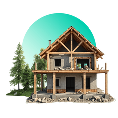 Una casa en construcción con techo de madera y árboles al fondo.