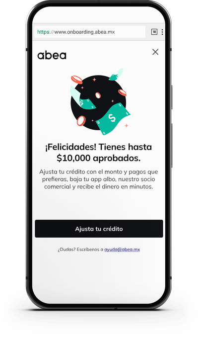 A cell phone with a screen that says felicidades ! tienes hasta $ 10,000 aprobados.