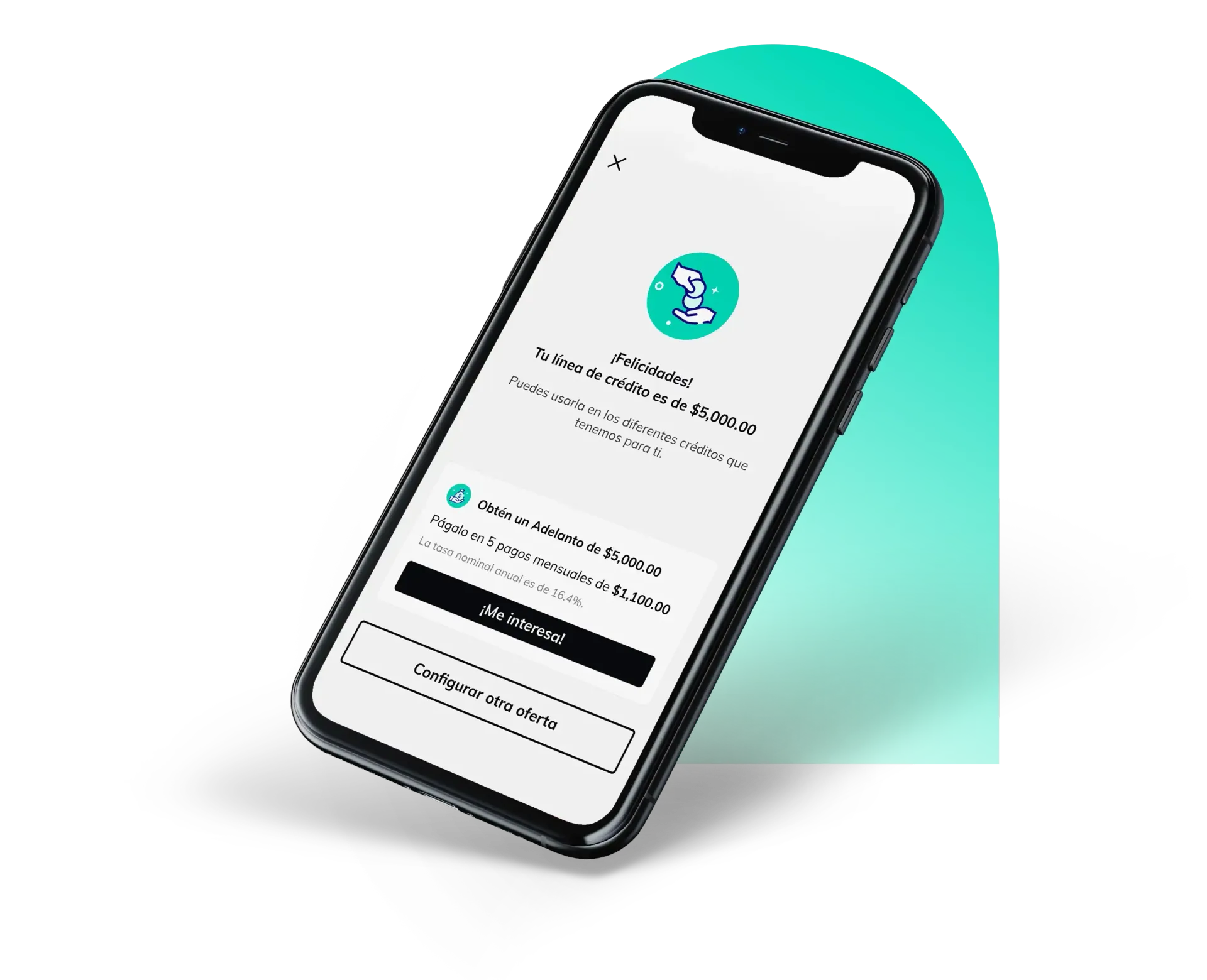 Teléfono inteligente que muestra una interfaz de aplicación con un ícono verde azulado.