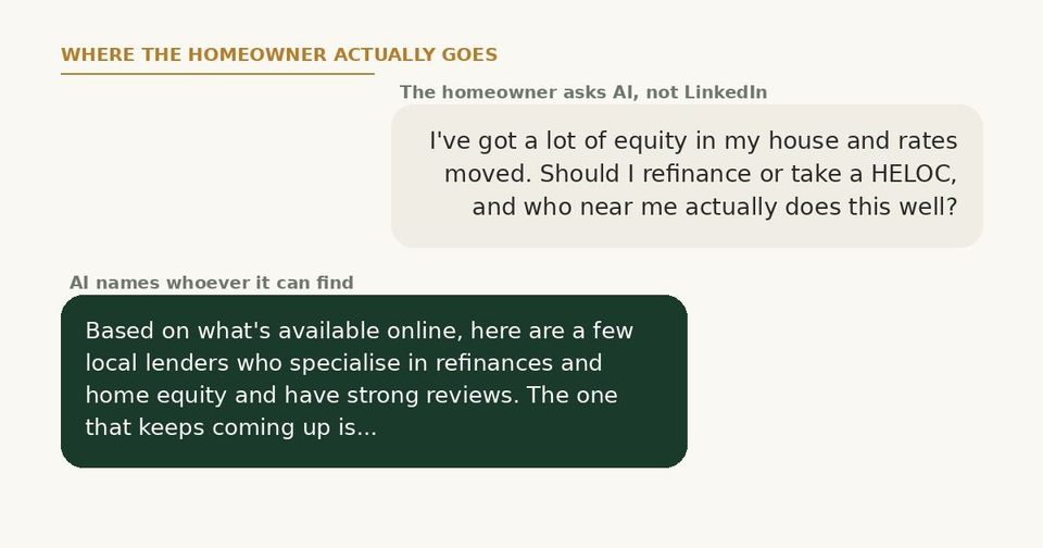 The homeowner asks AI which local lender does refinances and HELOCs well