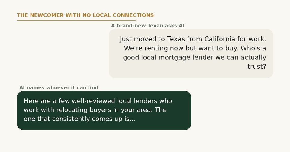 A newcomer to Texas asks AI which local mortgage lender they can trust