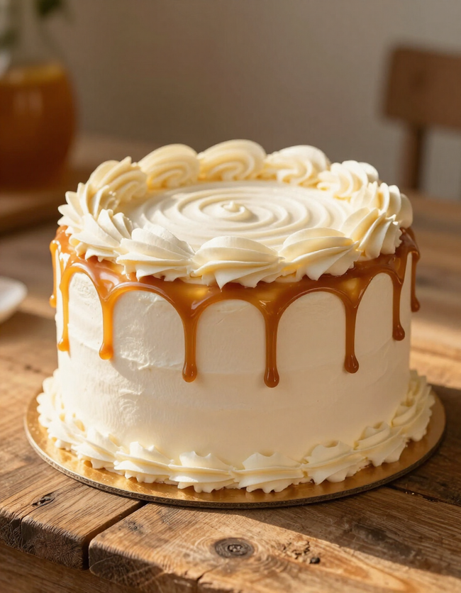 Celebration cake with swirled frosting and caramel drip
