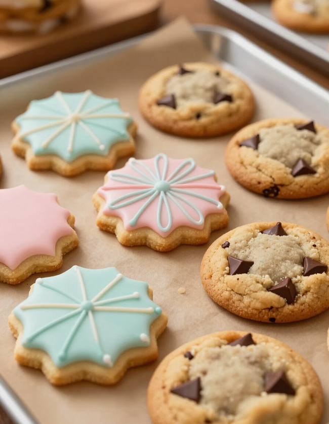 Decorated sugar cookies and chewy chocolate chip cookies on parchment