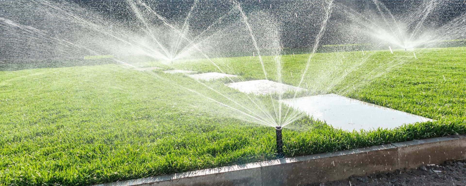 Lawn sprinklers watering green grass along a walkway in a yard. 
