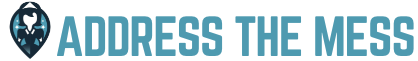 The logo for address the mess is blue and white and says address the mess.