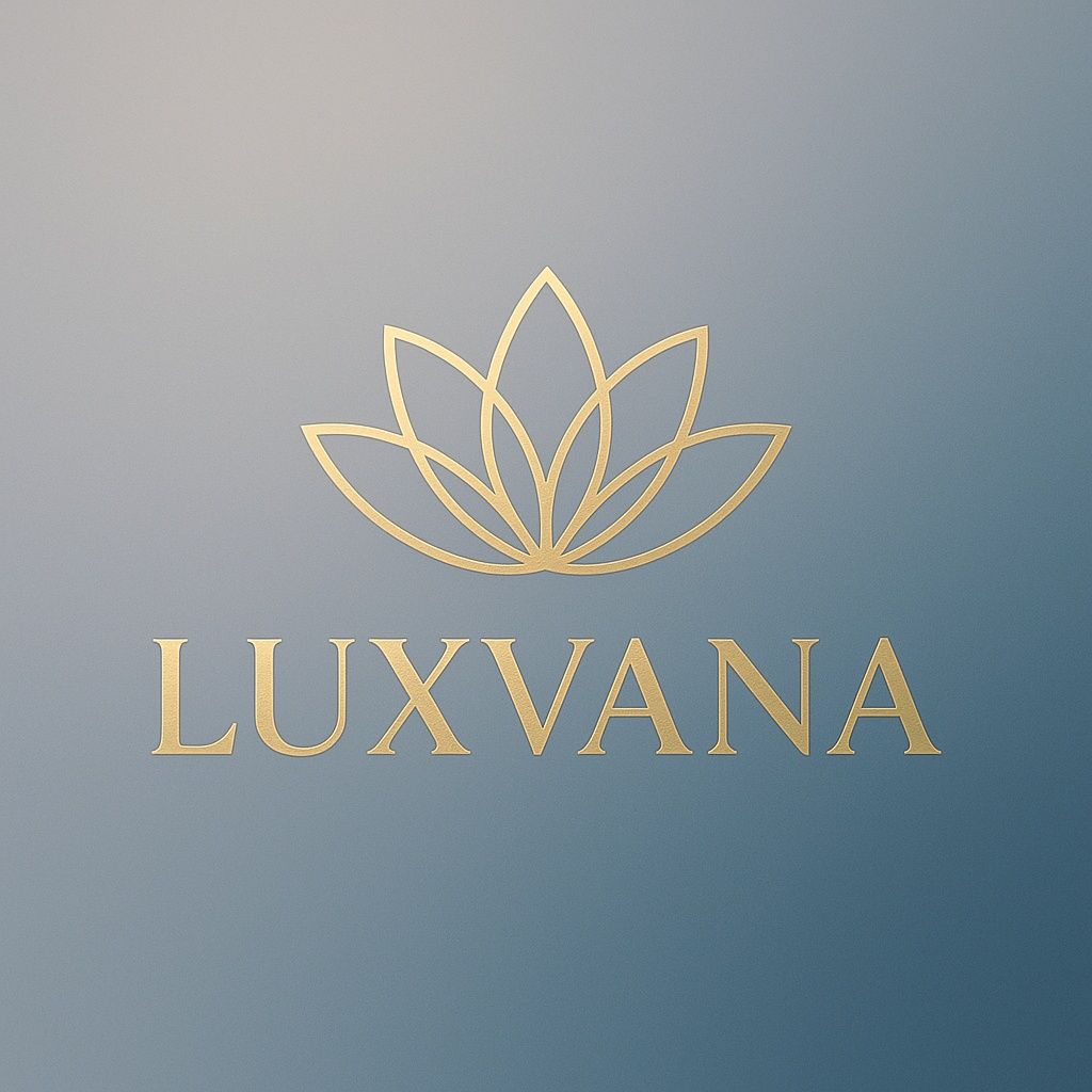 Logo: White lotus flower in a blue circle, surrounded by sunburst.  "Luxvana" text in turquoise.