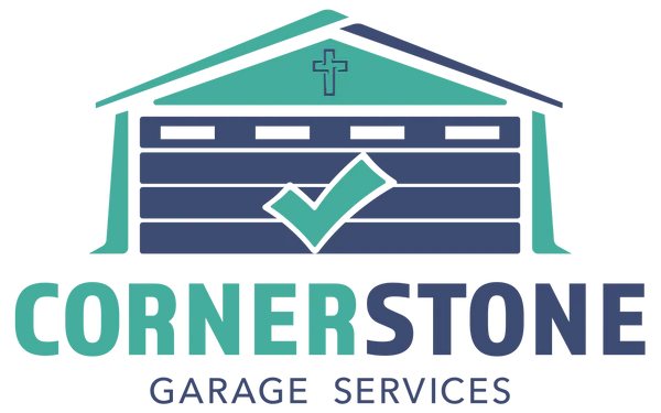 Logo: blue and teal garage with cross, checkmark. Text reads "Cornerstone Garage Services."
