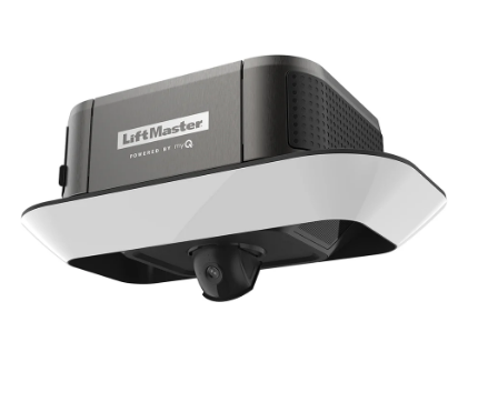 LiftMaster garage door opener with integrated camera, gray and white.