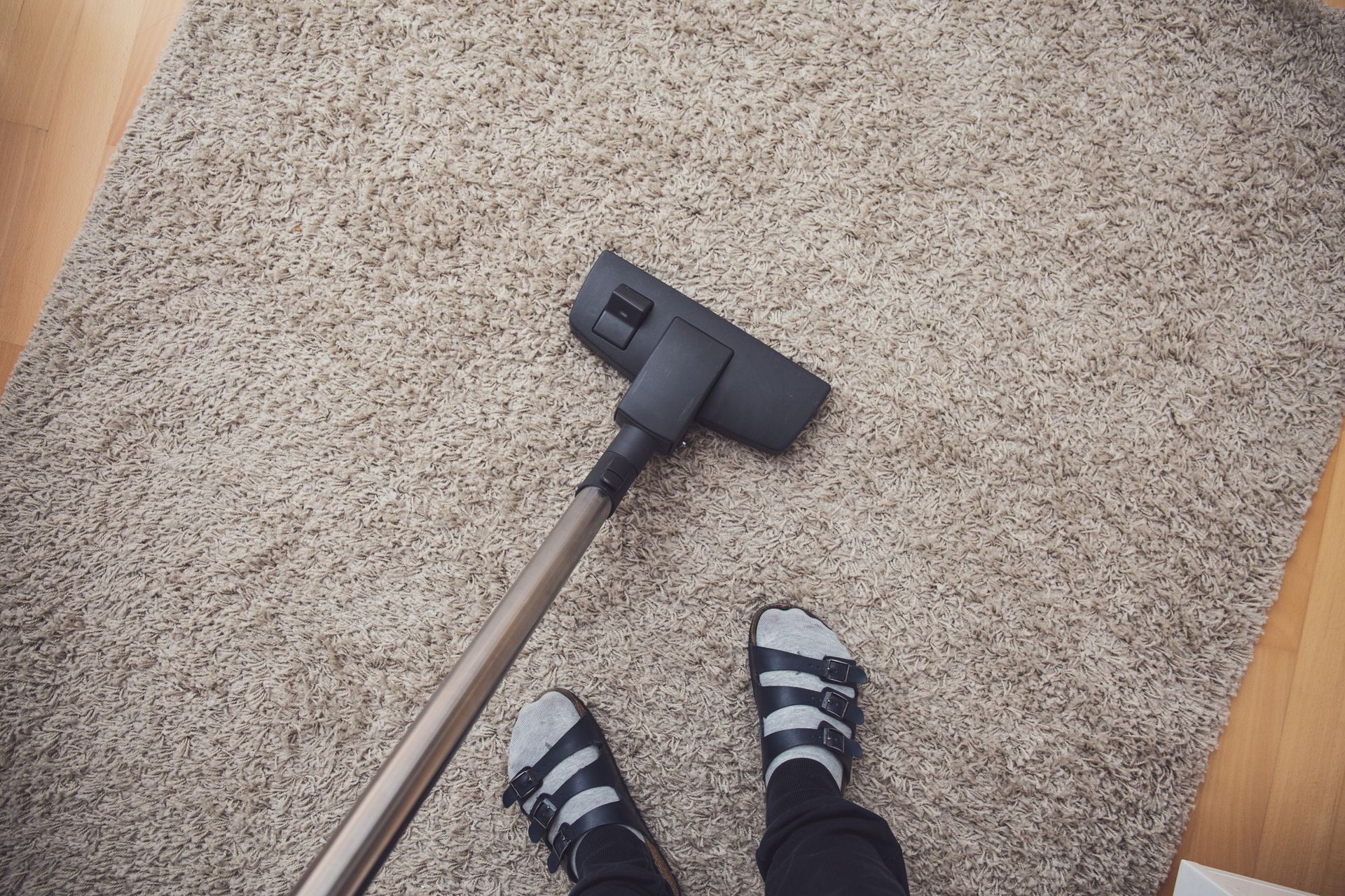 A person is using a vacuum cleaner to clean a carpet.