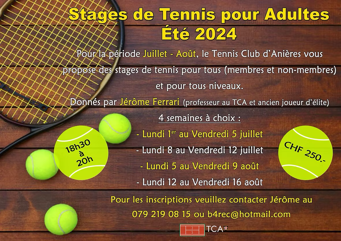 An advertisement for stages de tennis pour adultes in 2024