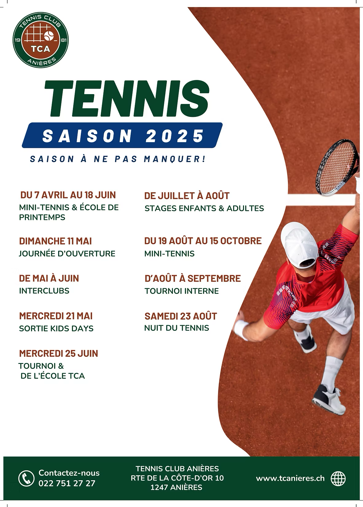 Une affiche pour la saison de tennis 2025 avec un homme tenant une raquette de tennis