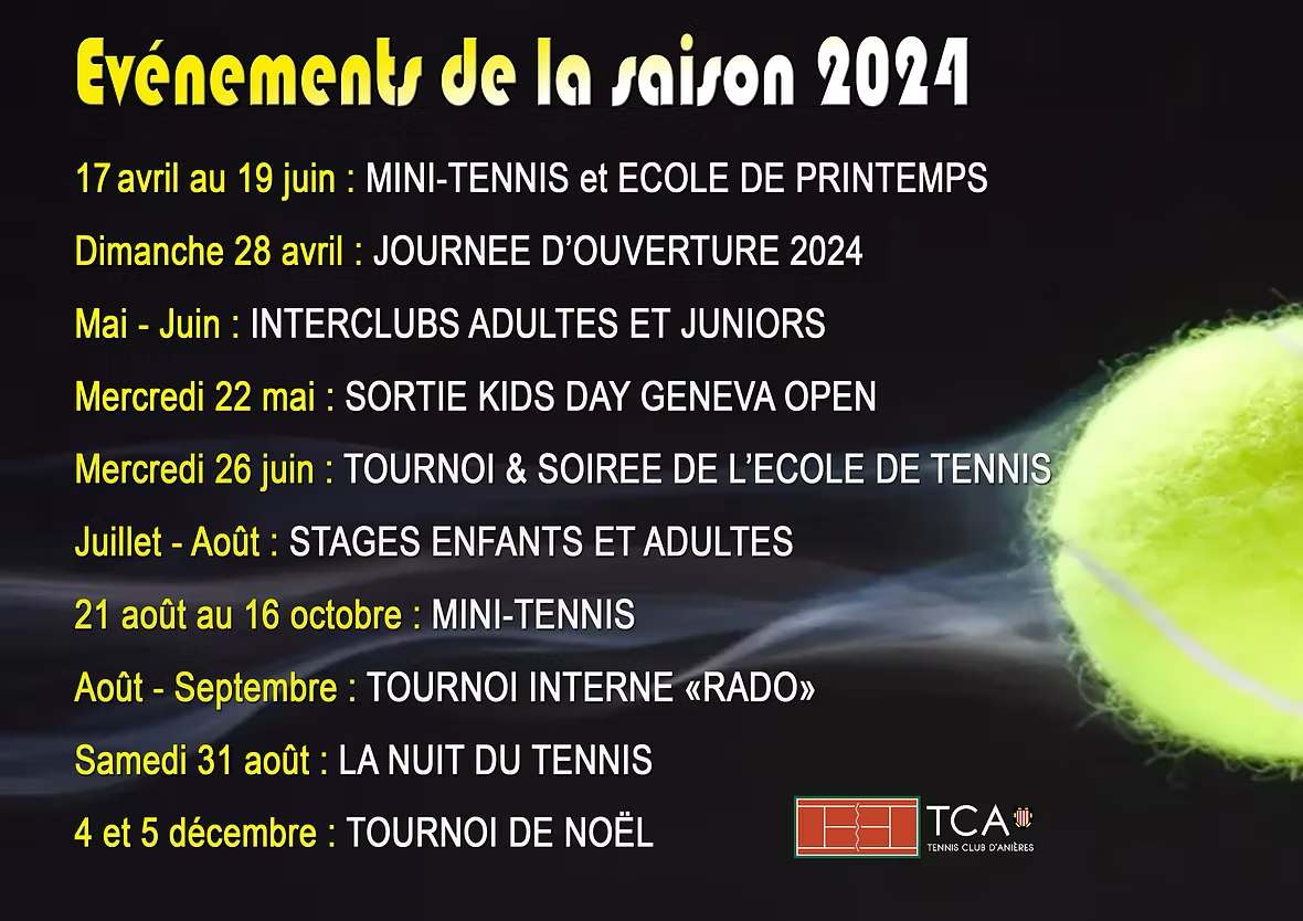 Une balle de tennis sur fond noir avec les mots événements de la saison 2024