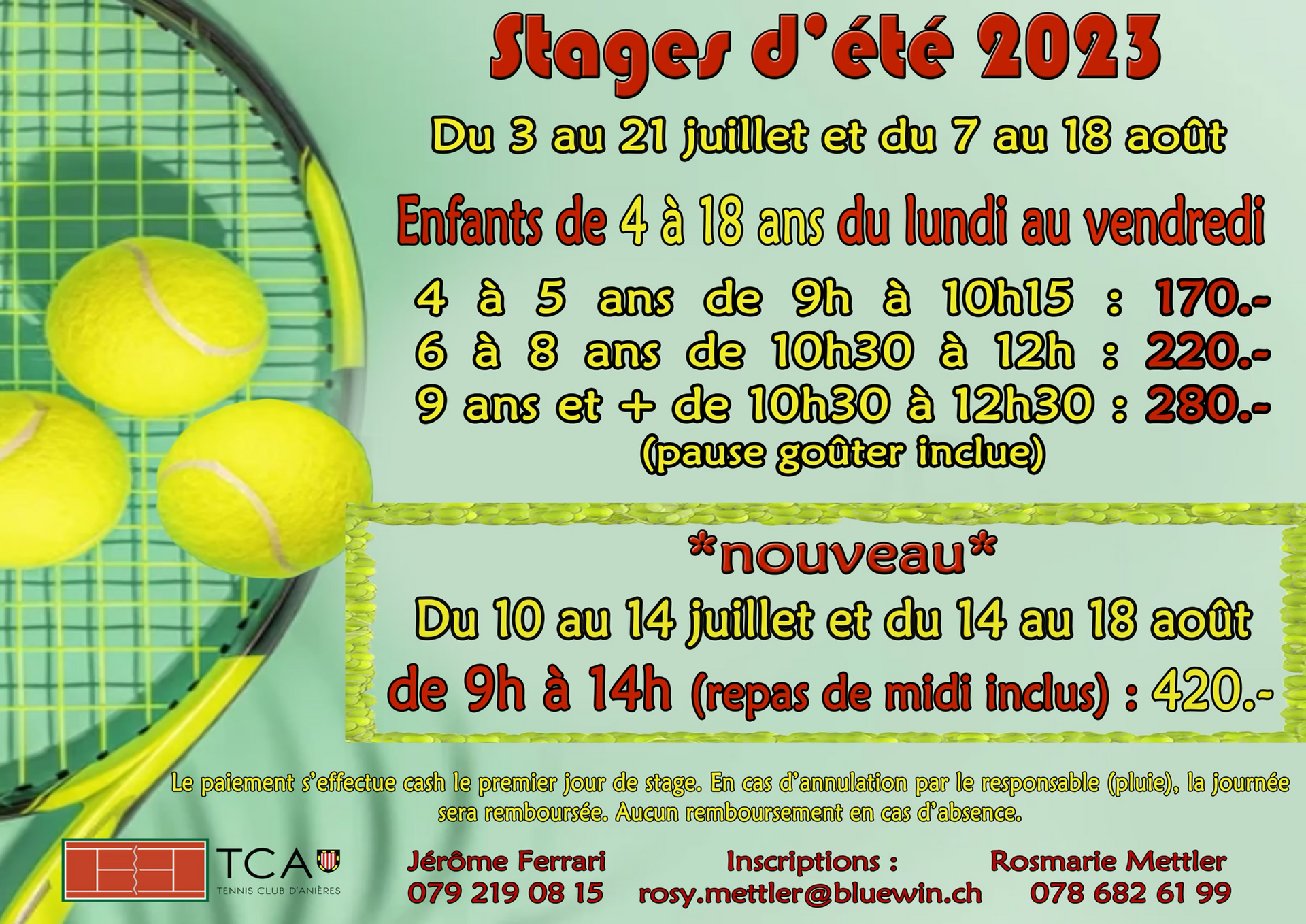 Une publicité pour les stages d'été 2013 avec des balles de tennis et des raquettes