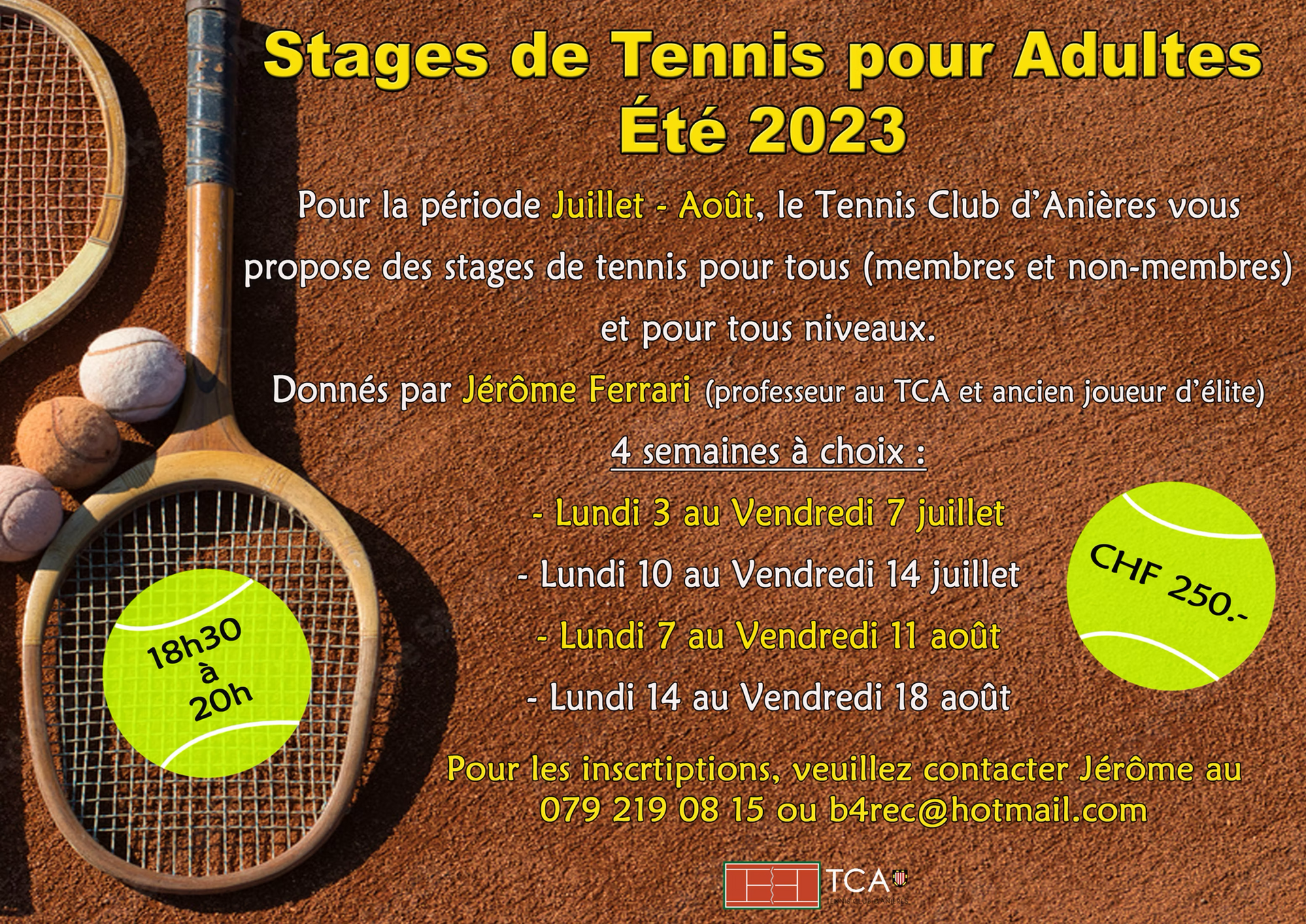 An advertisement for stages de tennis pour adultes ete 2023