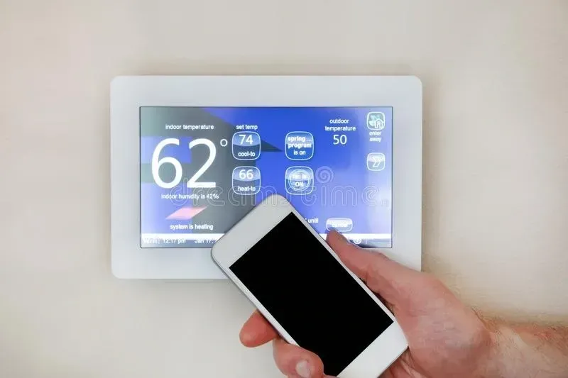 A person is holding a cell phone in front of a thermostat.