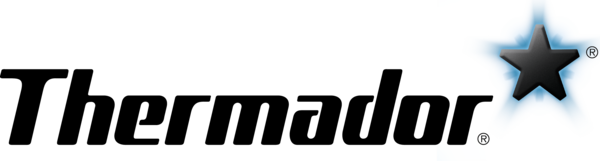 Thermador logo with black text and a black star with blue glow.