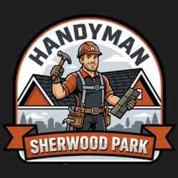 A handyman logo with a worker holding a hammer and tool, in front of a house, with the text