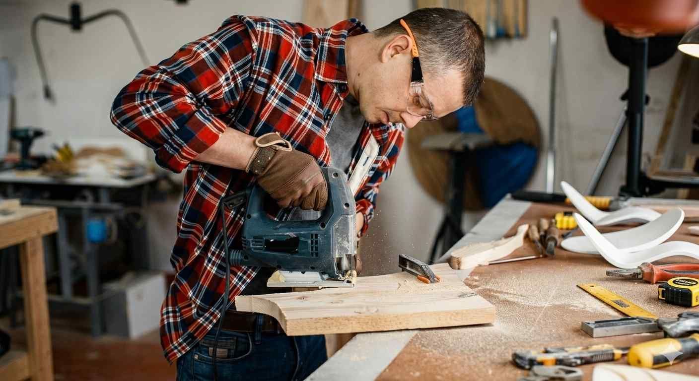 A woodworker wearing safety glasses and gloves uses a power jigsaw to cut a piece of wood on a workbench.