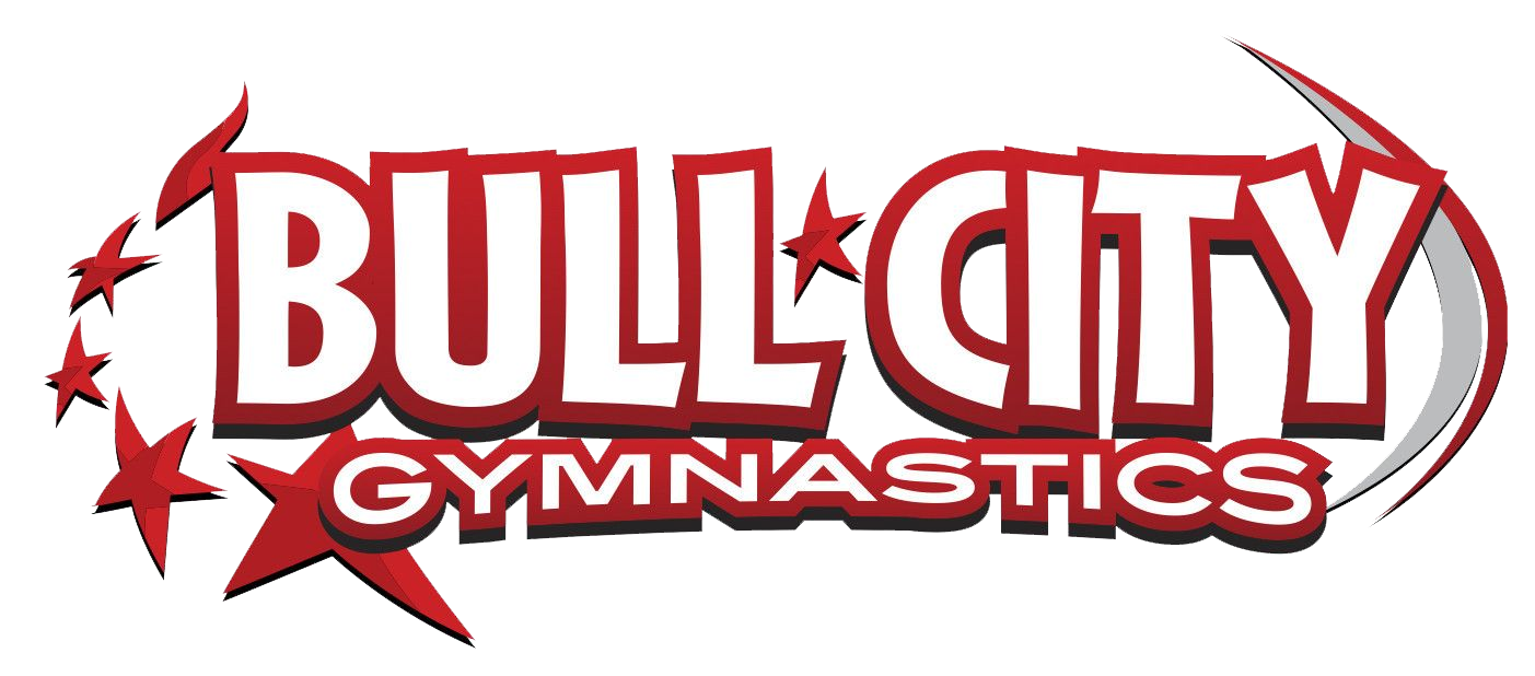 The logo for bull city gymnastics is red and white.