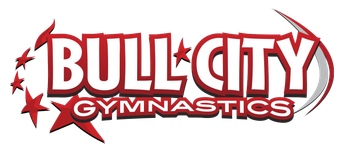 The logo for bull city gymnastics is red and white.