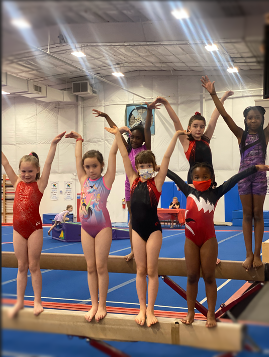 A group of young girls are standing on a balance beam