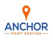 The logo for anchor point roofing has an orange pin on it.