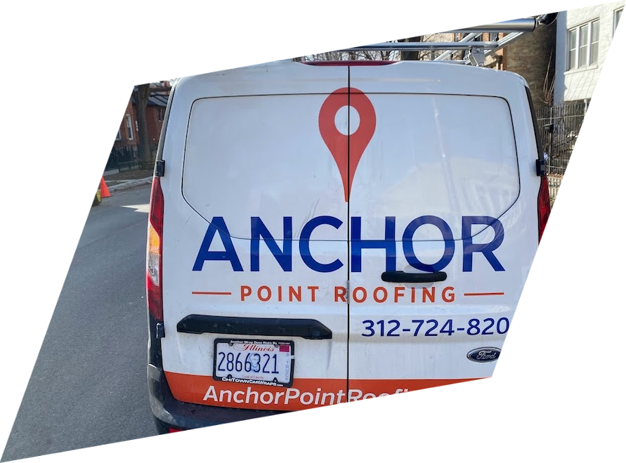 A white van with anchor point roofing written on it