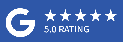 A blue background with a white g and five stars.