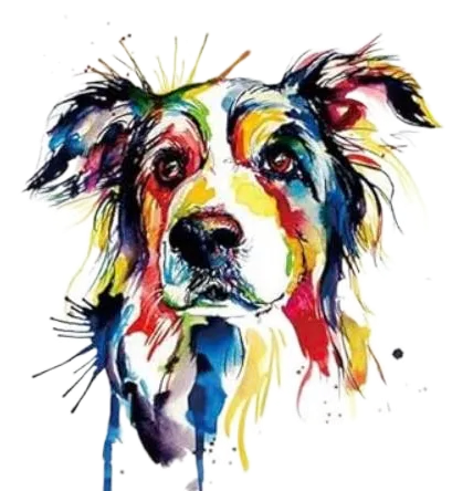 Colorful watercolor portrait of a dog with white and brown fur, painted in rainbow hues.