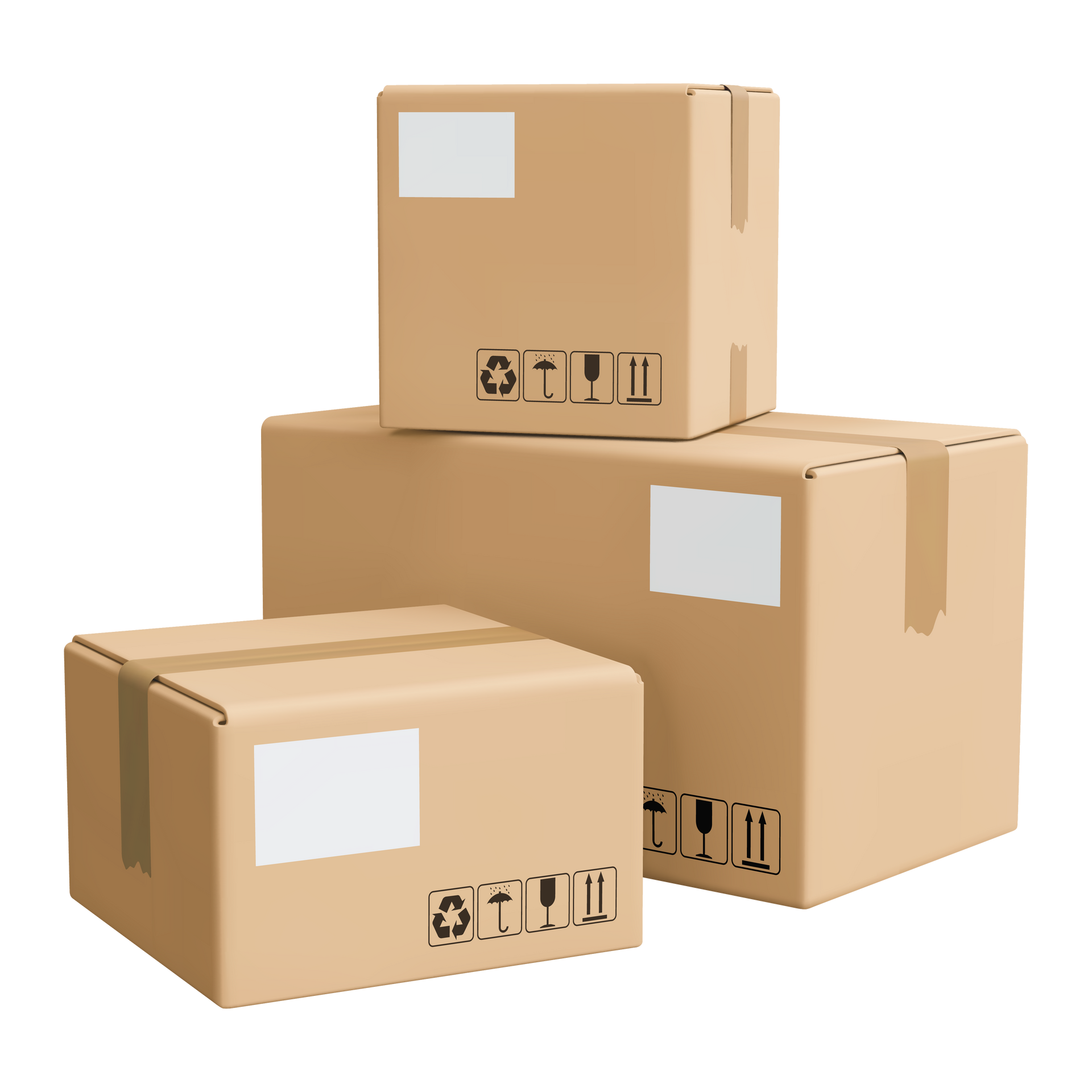 Three stacked cardboard shipping boxes, with white labels and shipping symbols.