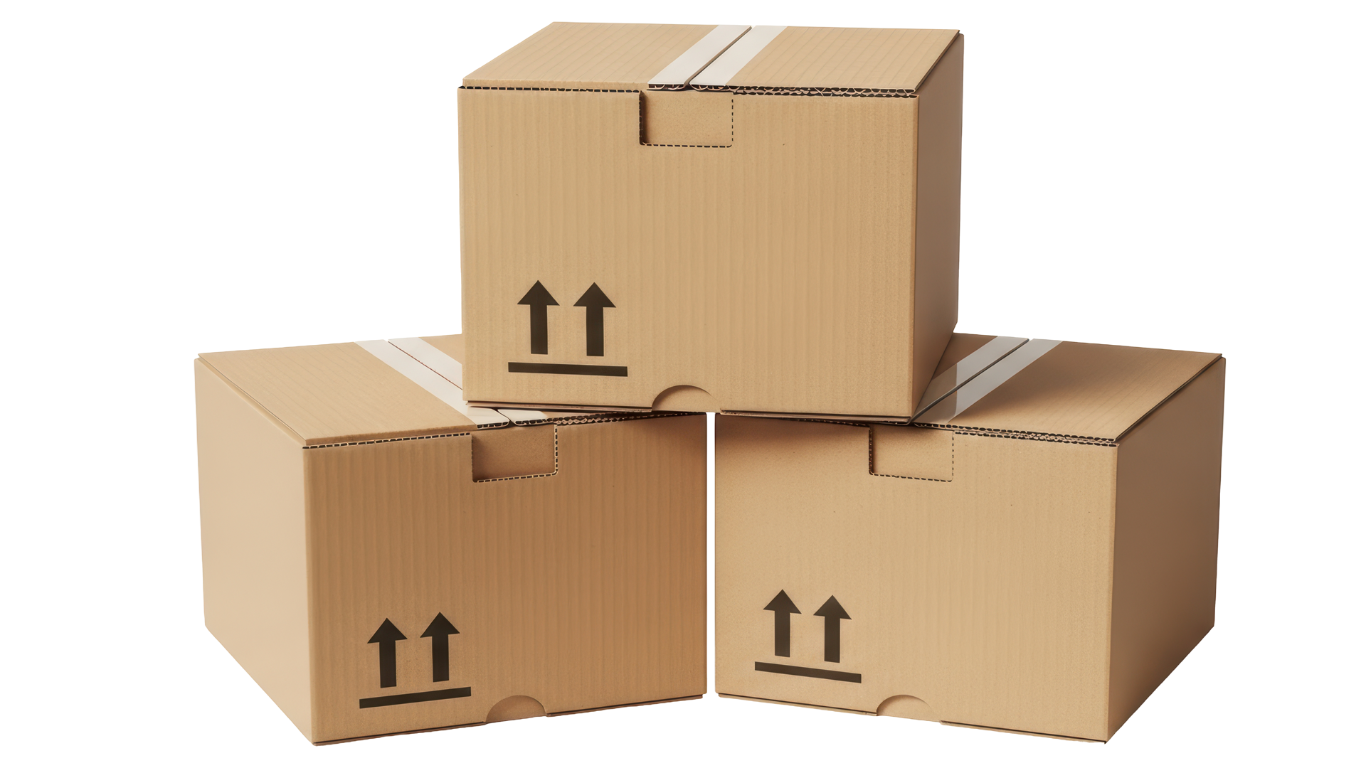 Three stacked brown cardboard boxes with upward-facing arrow symbols.