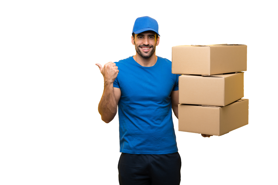 Delivery person in blue uniform holding boxes, thumb up, smiling.