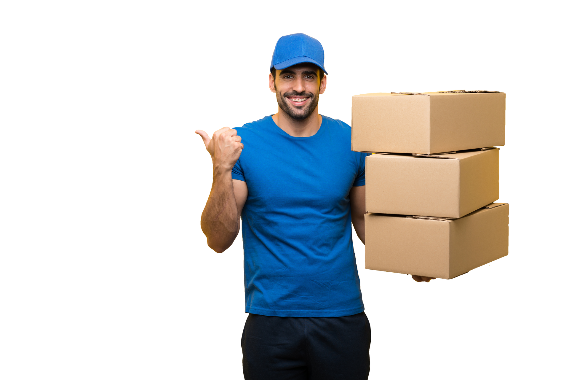 Delivery person in blue uniform holding boxes, thumb up, smiling.