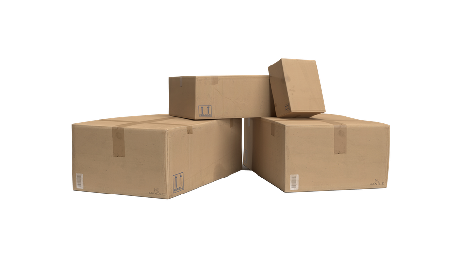 Four stacked brown cardboard boxes.