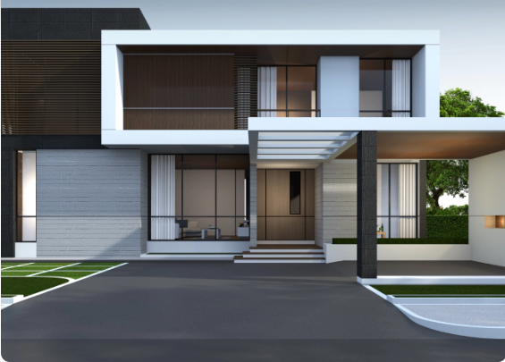 Modern two-story house with white, gray, and brown facade, driveway, and covered entrance.