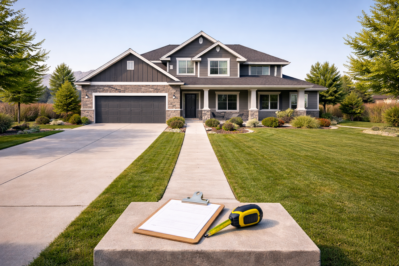 House exterior with clipboard and tape measure on concrete platform. Green lawn and driveway.