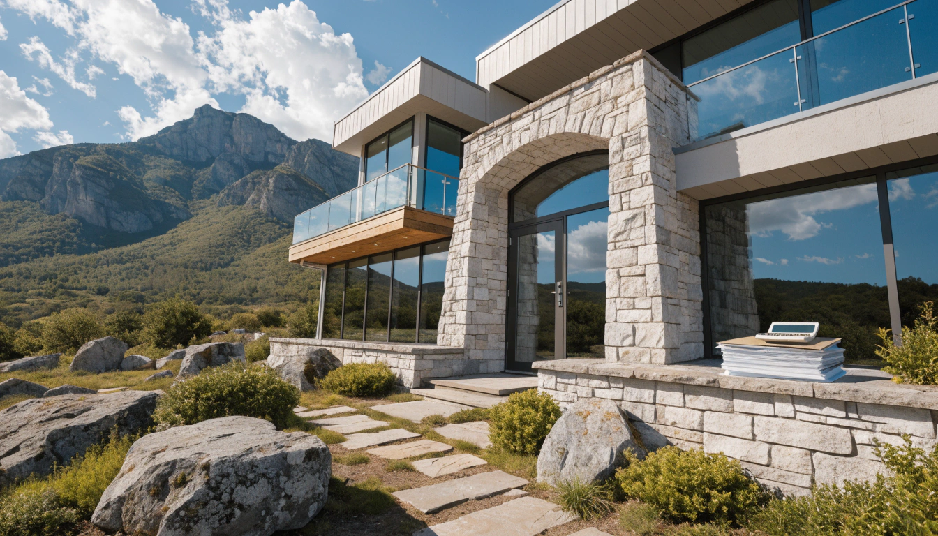 Modern stone house with large windows, mountain backdrop, and stone pathway.