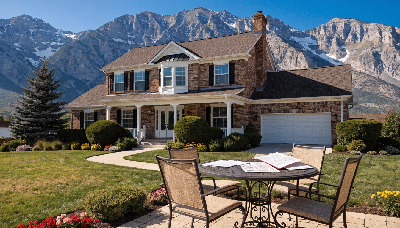 House with a brown roof and brick exterior, set against a mountain range. Patio furniture is in the foreground.