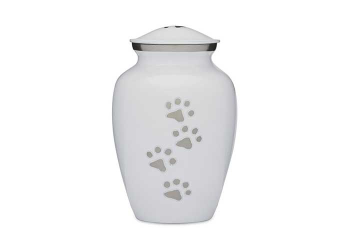 White Urn with Silver Paw Prints