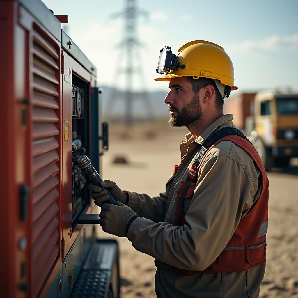 Construction worker in yellow hard hat and safety vest, working on equipment outdoors.
