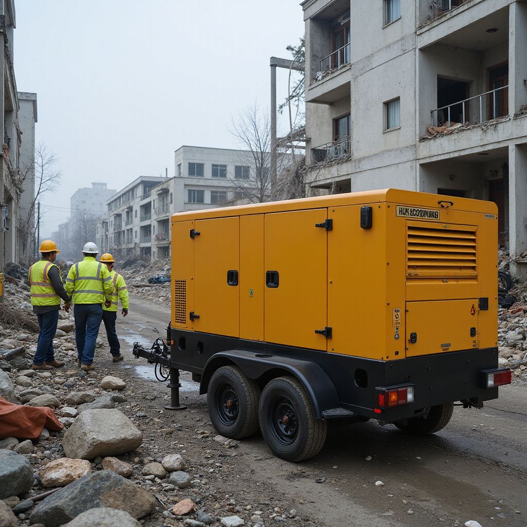 Yellow generator trailer on a rubble-strewn street with three workers in safety vests; damaged buildings in background.
