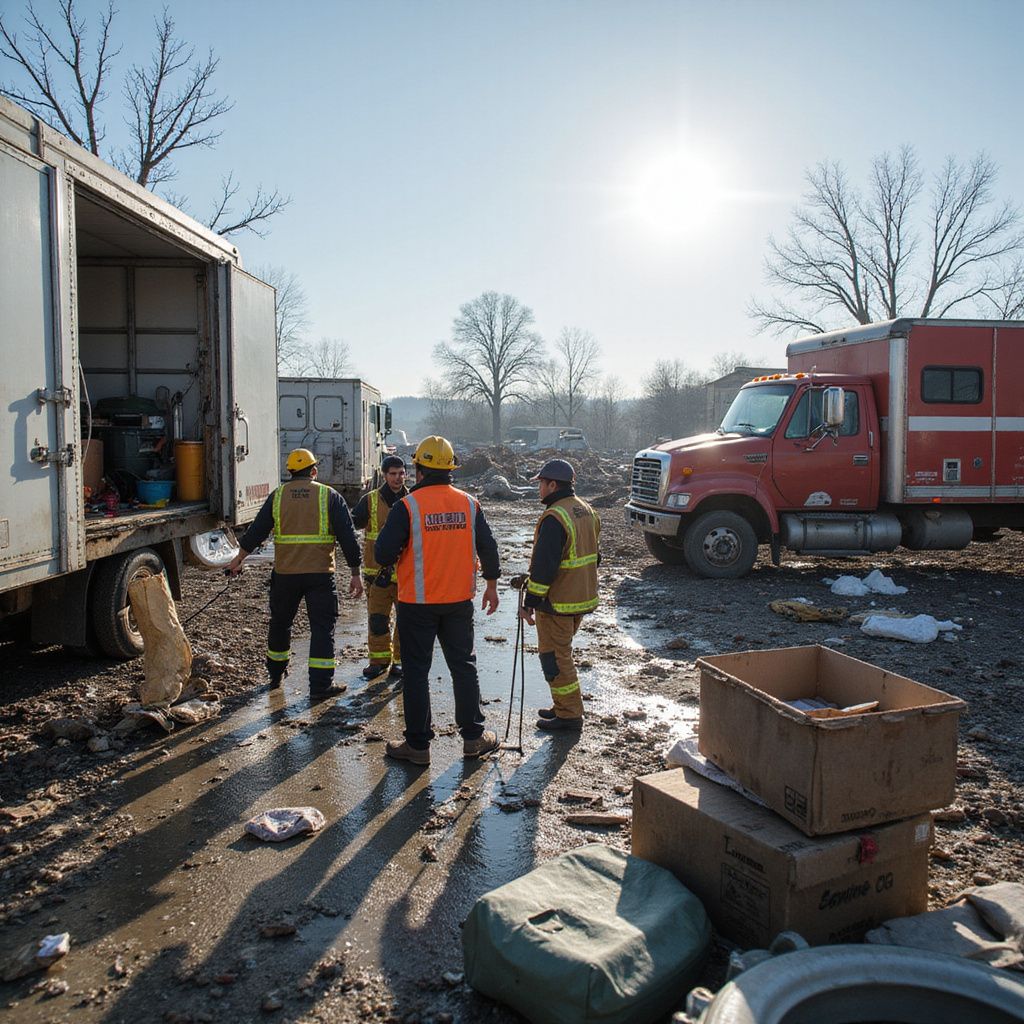 Emergency responders near vehicles on a muddy lot, assessing damage in bright sunlight.