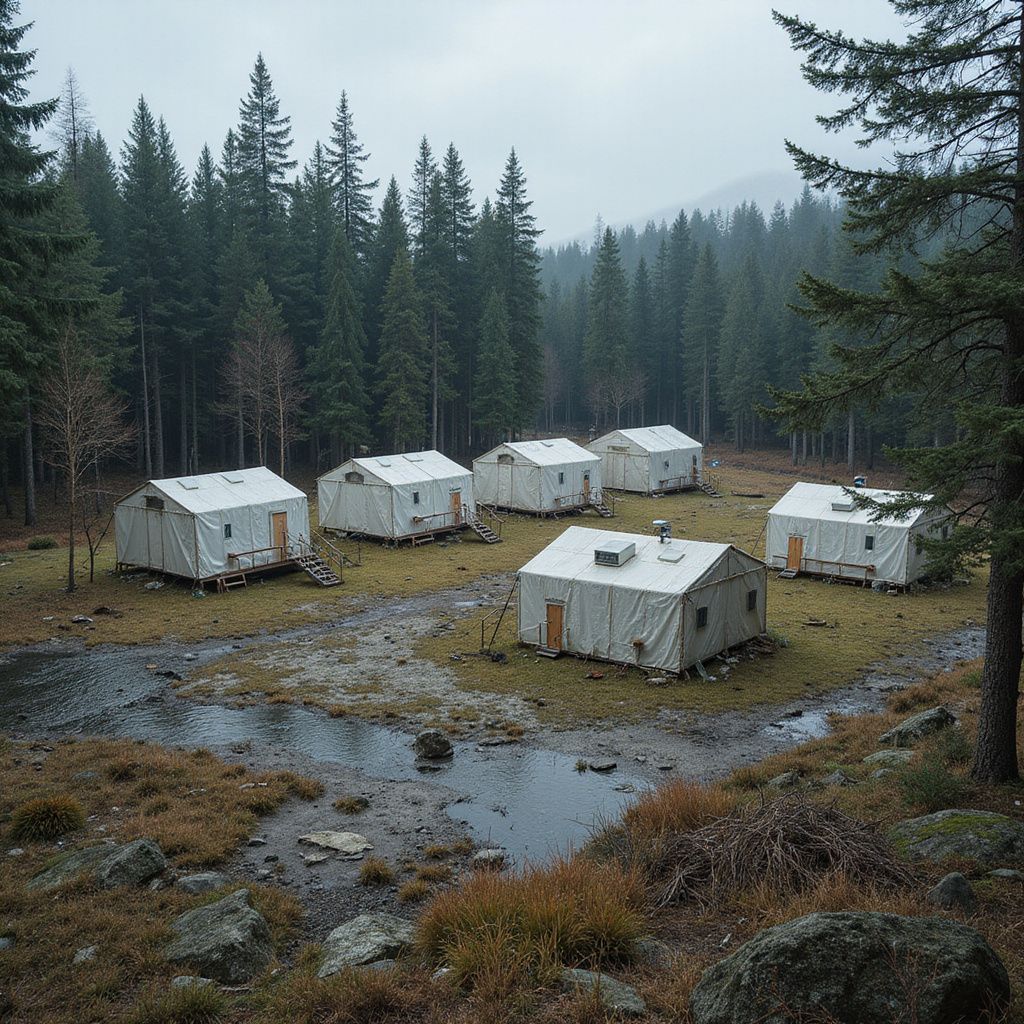 Camp of white canvas tents in a clearing, surrounded by forest and a small body of water, under a cloudy sky.