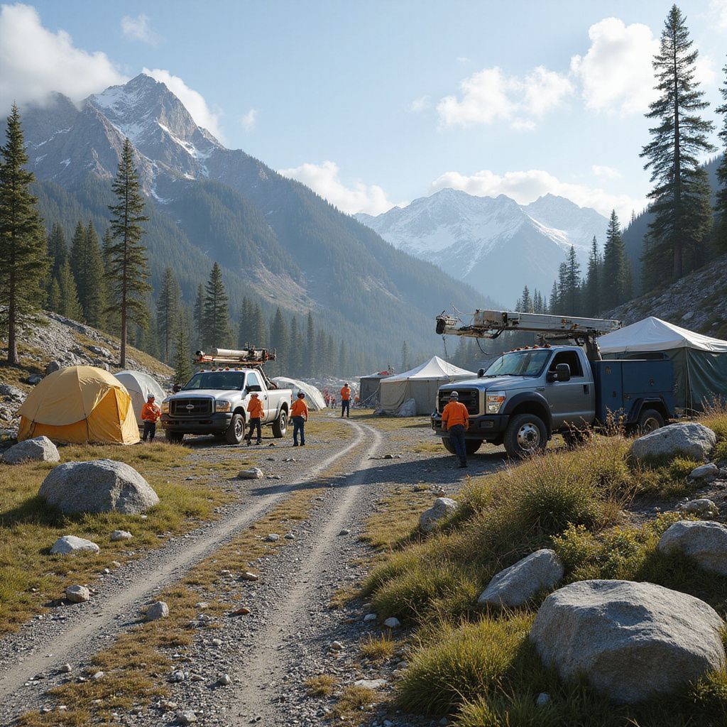 Camp in mountain valley with trucks, tents, and people. Dirt road, trees, and snow-capped peaks in the background.