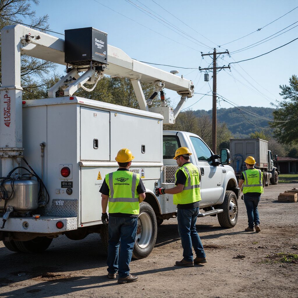 Three workers in safety vests near a utility truck, likely repairing power lines on a sunny day.